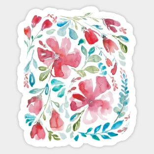 Watercolor of red flowers and turquoise leaves over blue Sticker